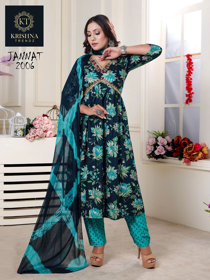 Jannat Vol 1 By Krishna Alia Cut Rayon Printed  Kurti With Bottom Dupatta Wholesale Online
